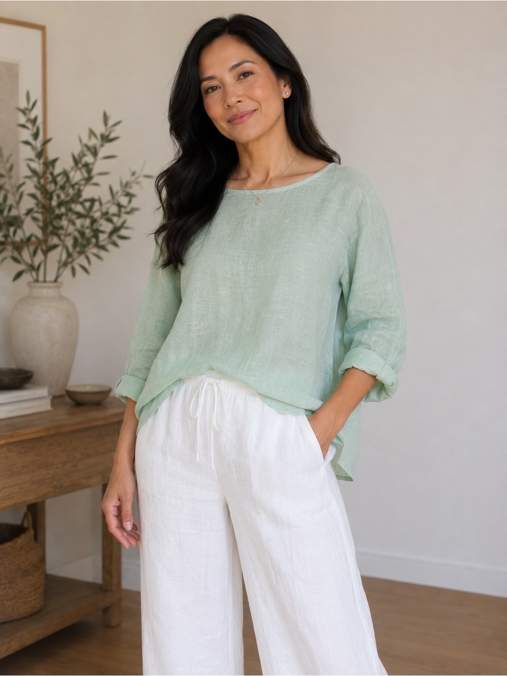 Martha Stewart Mint Green Linen Boatneck 3/4 Sleeve Tunic